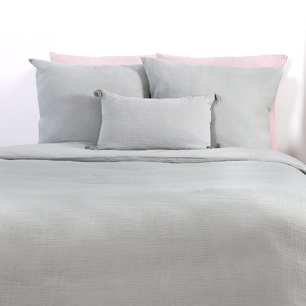 Parure housse de couette en gaze de coton unie, OZEN gris clair, C DESIGN HOME TEXTILE