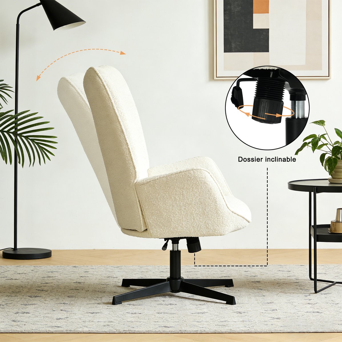 Chaise de bureau rotatif réglable en hauteur en bouclette, FUCHSO beige, MEUBLES COSY