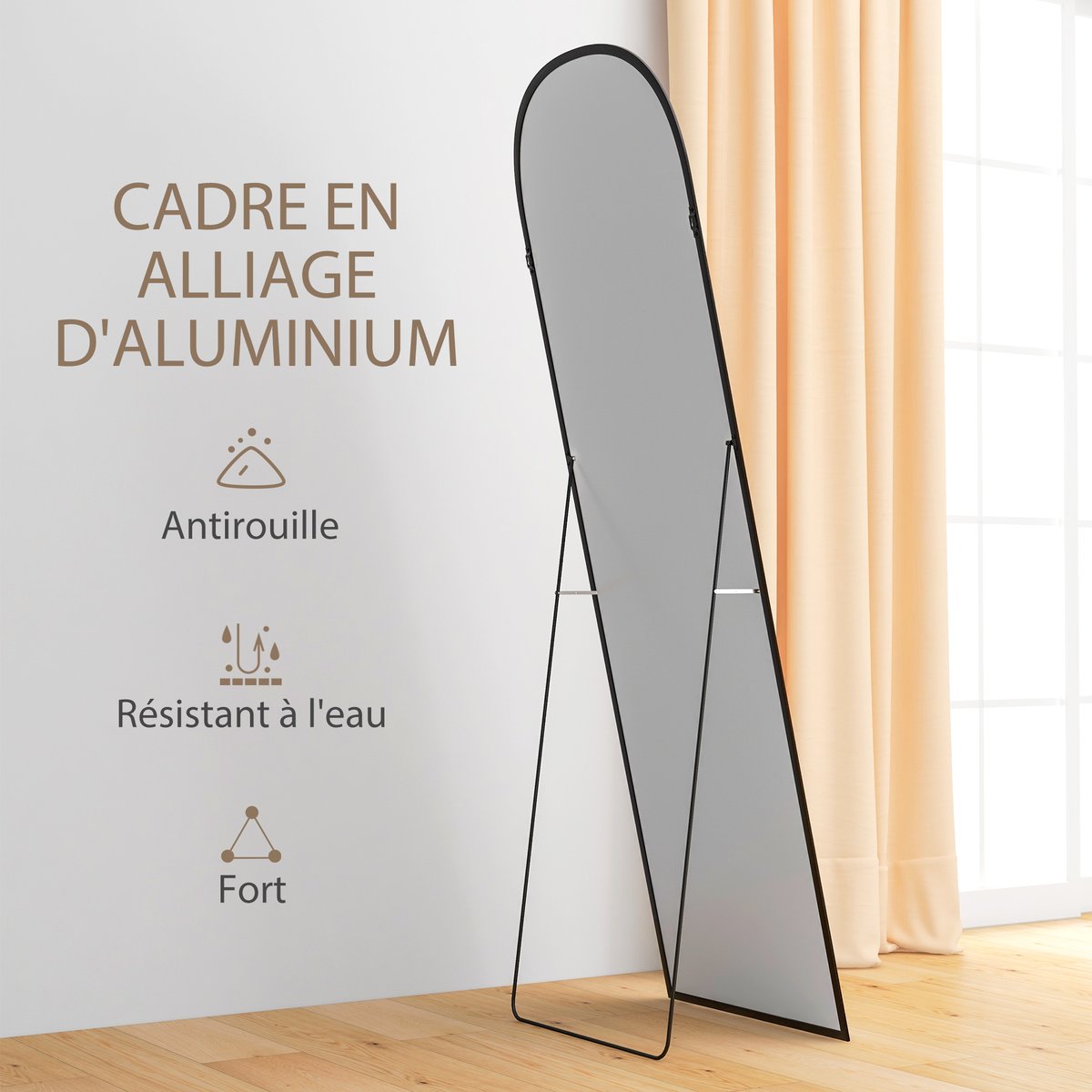 Miroir en pied Alliage d'aluminium noir, HOMCOM