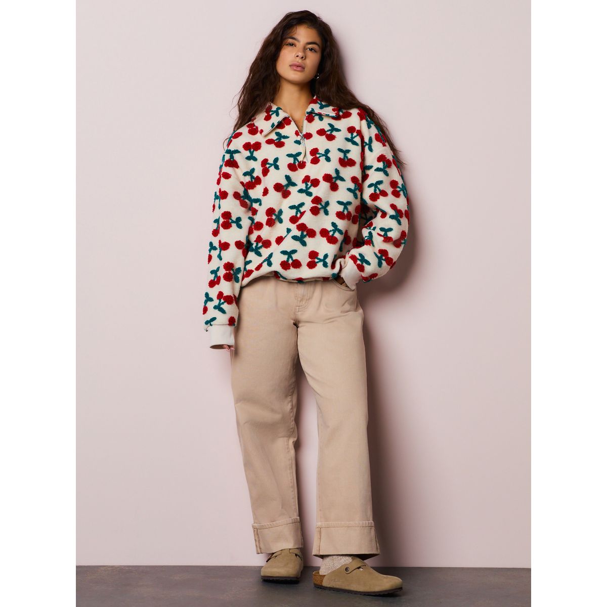 Polaire en peau lainée à col zippé et cerise rouge écru blanc, NEXT