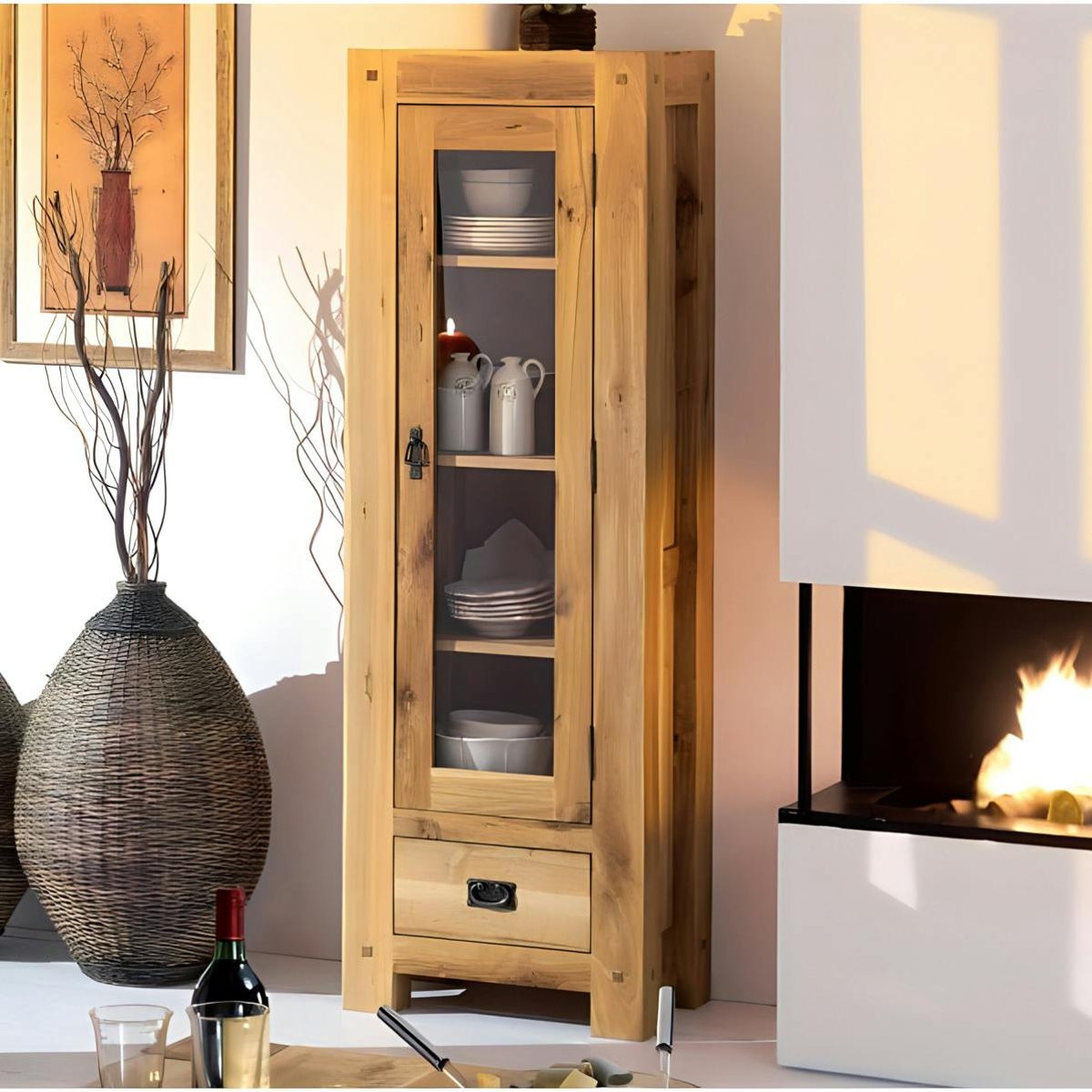 Vaisselier vitrine style chalet en bois de chêne massif 1 porte 1 tiroir 59x180cm FJORD bois naturel, PIER IMPORT