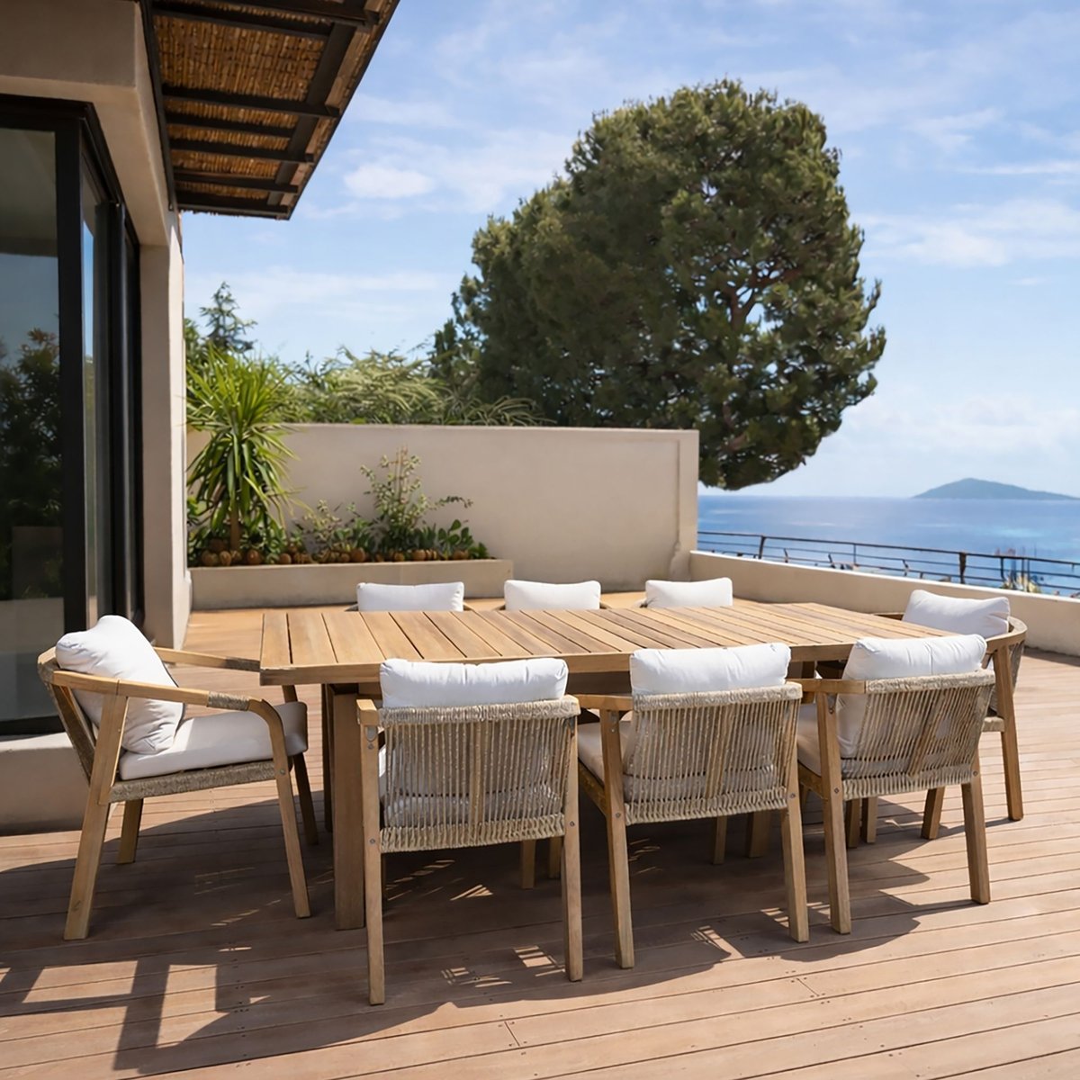 Salon de jardin table 230cm et 8 fauteuils en bois d'acacia, SAONA bois d'acacia, NOW'S HOME