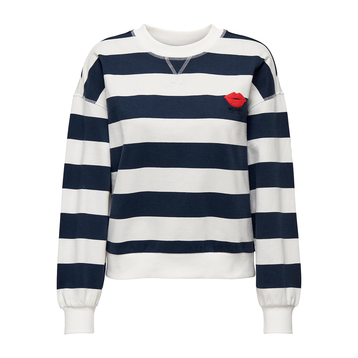 Sweat col rond rayé blanc/bleu, ONLY