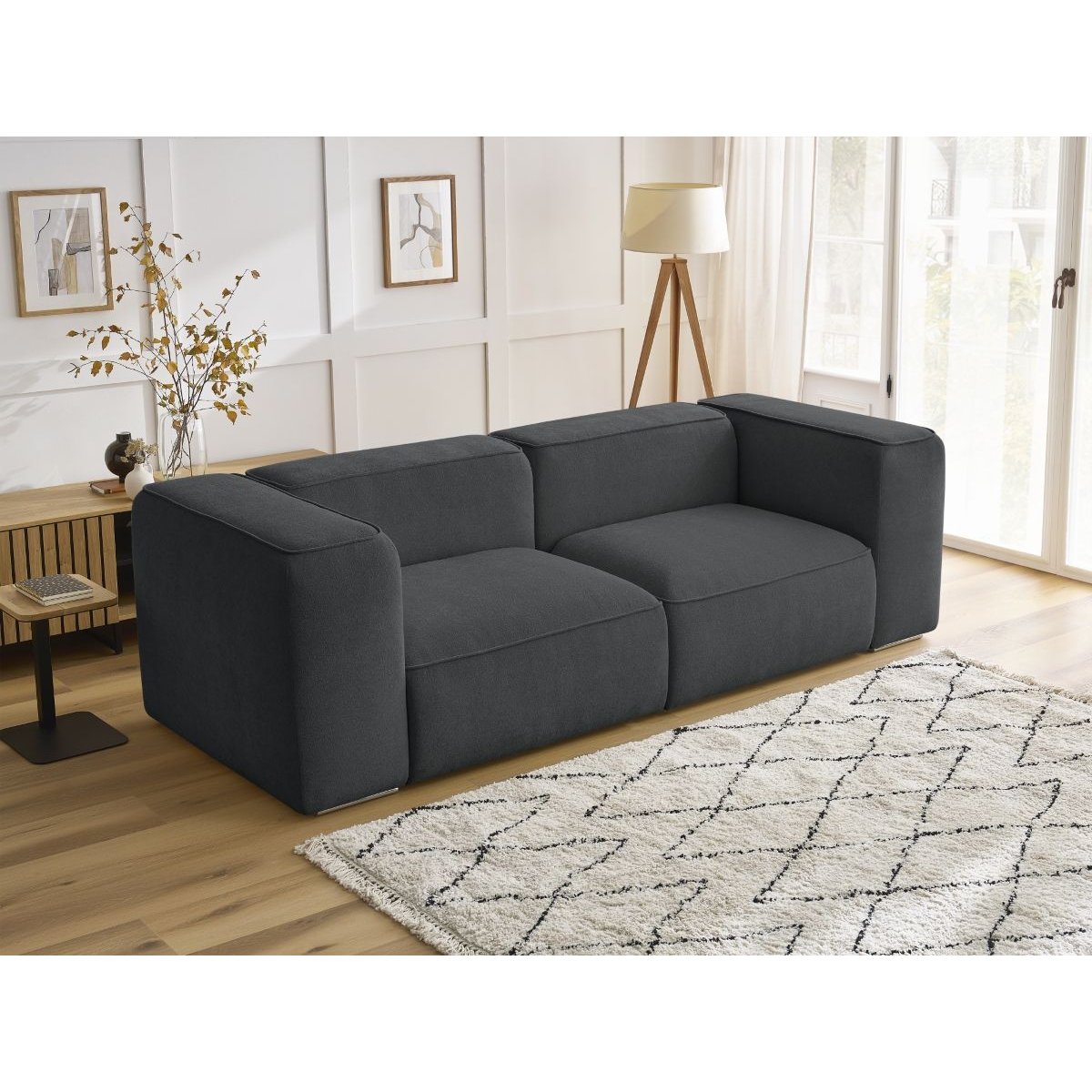 Canapé droit fixe 2 places en tissu texturé, ZEPHYR gris foncé, BOBOCHIC