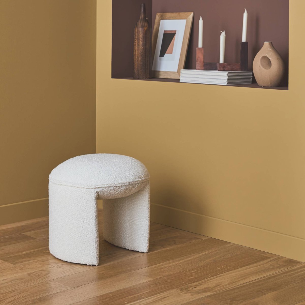 Tabouret, pouf bouclette texturée SHAWN blanc, SWEEEK