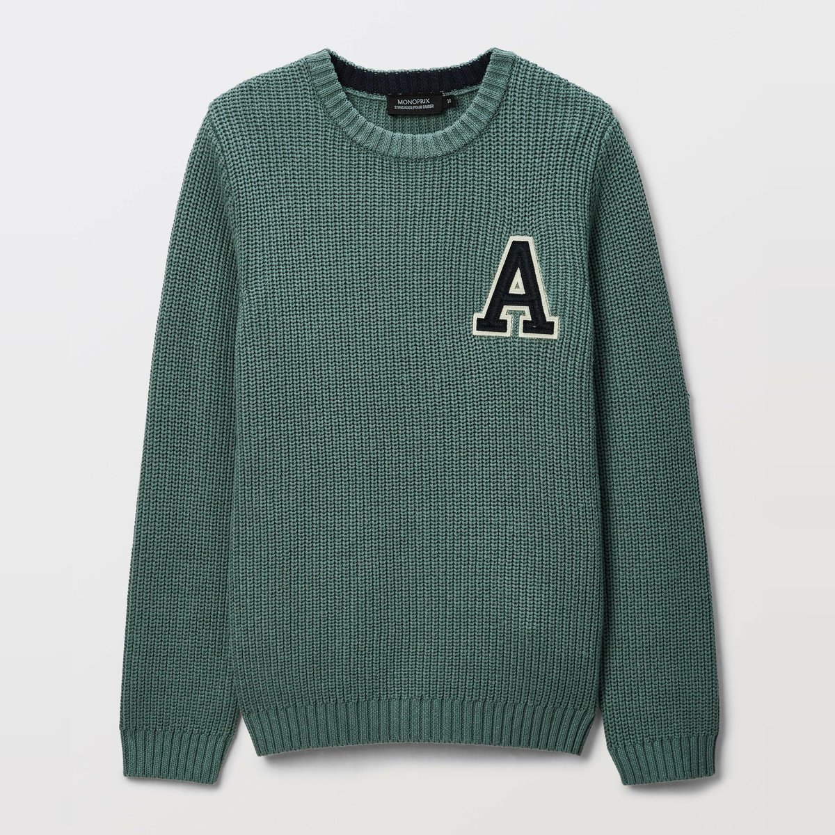 Pull maille avec patch en coton lagune, MONOPRIX