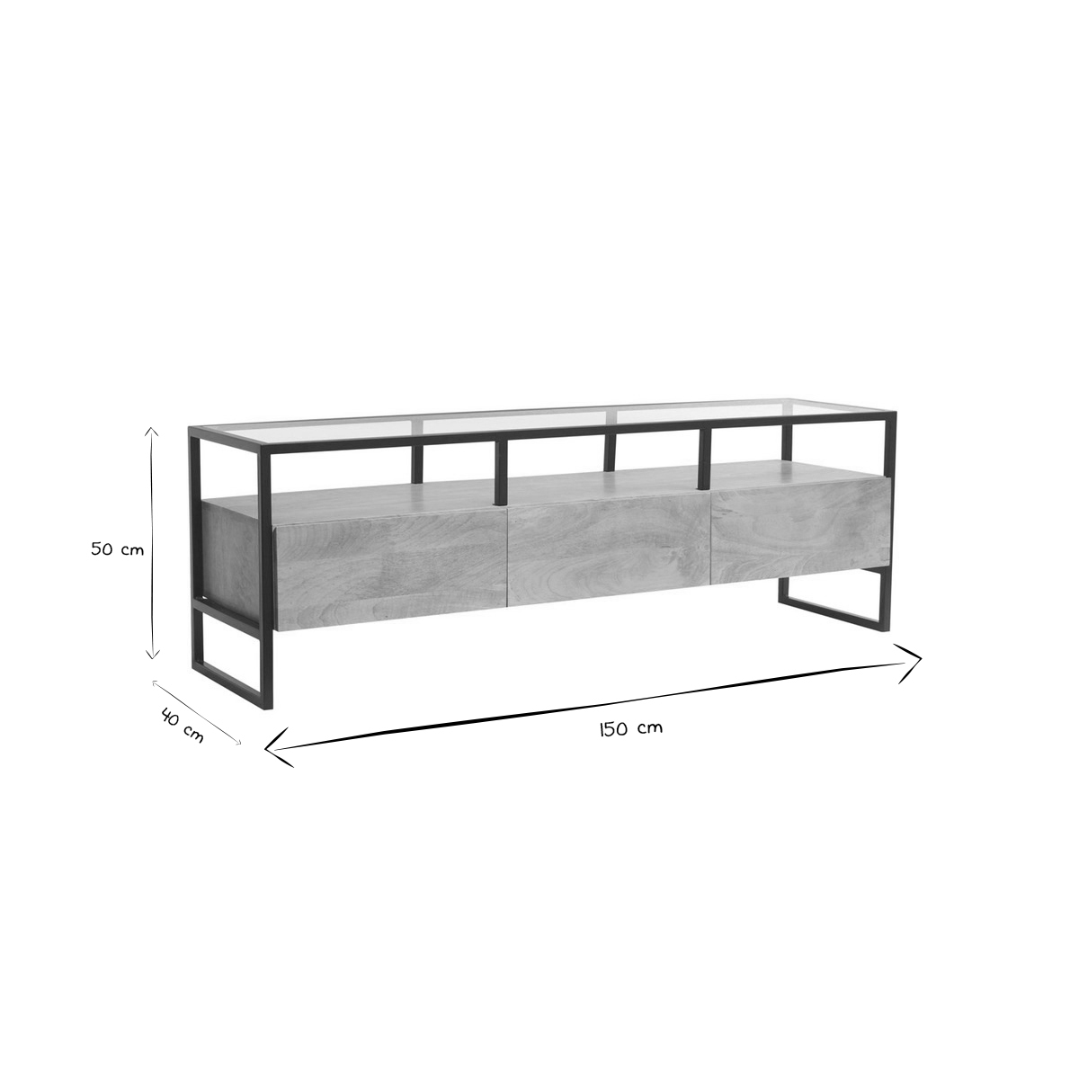 Meuble TV rectangulaire avec rangements en bois manguier massif, verre et métal noir L150 cm DIYA chêne clair, MILIBOO