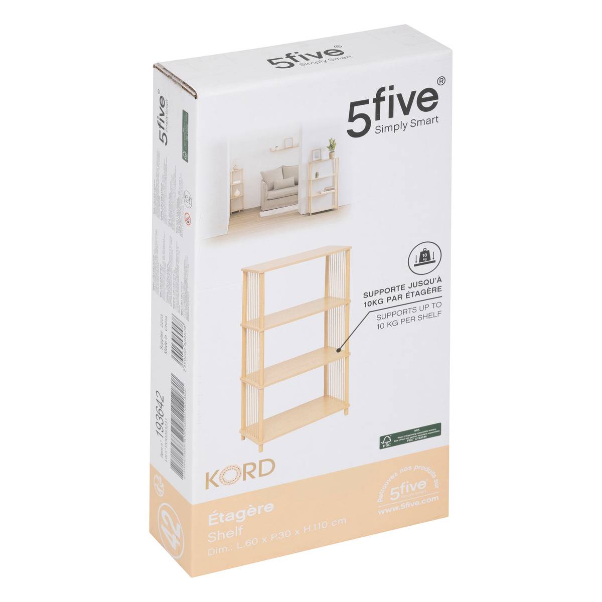 Étagère 4 niveaux en bois et corde KORD beige, 5FIVE SIMPLY SMART