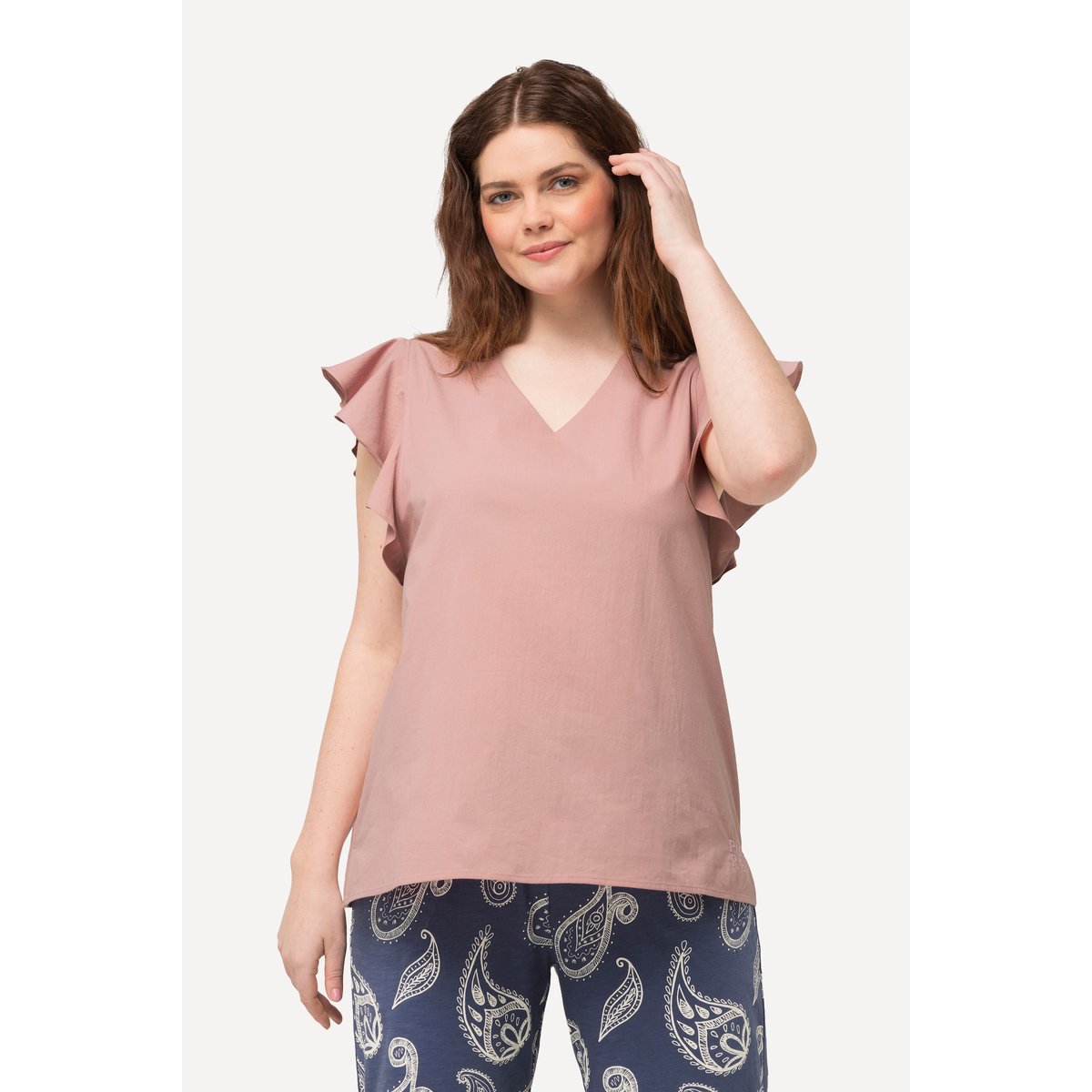 Blouse à encolure en V et découpe dans le rose, ULLA POPKEN
