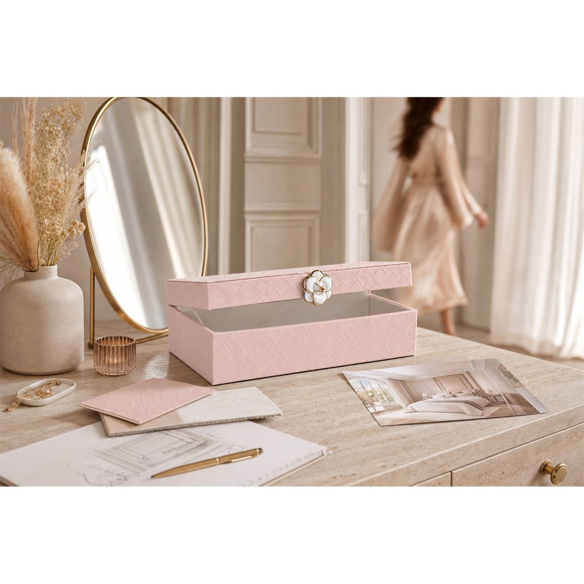Boîte de rangement à fermoir bijou rose poudré, RECOLLECTION