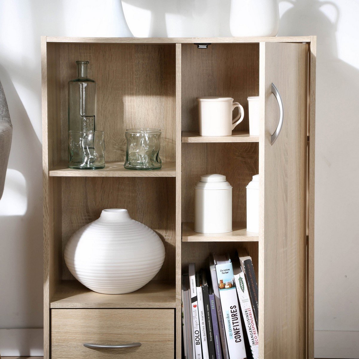 Etagère de rangement 2 casiers avec 1 tiroir et 1 placard - L61,5 cm bois clair, CALICOSY