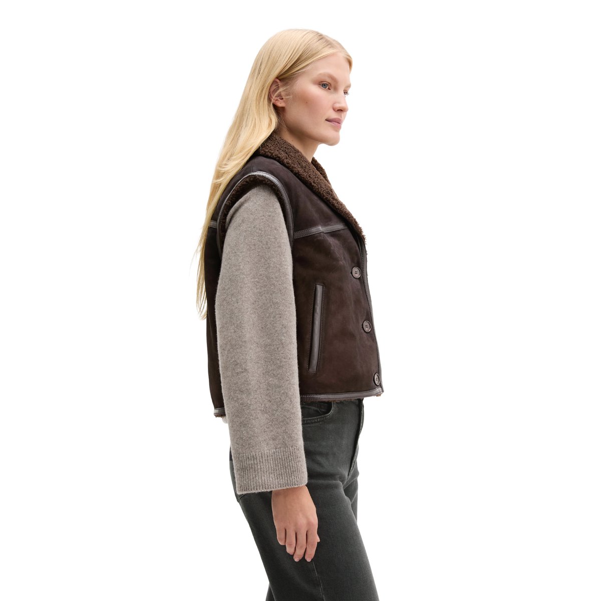 Gilet en cuir coupe classique avec une doublure en peluche imitation fourrure à l'intérieur marron, MARC O'POLO