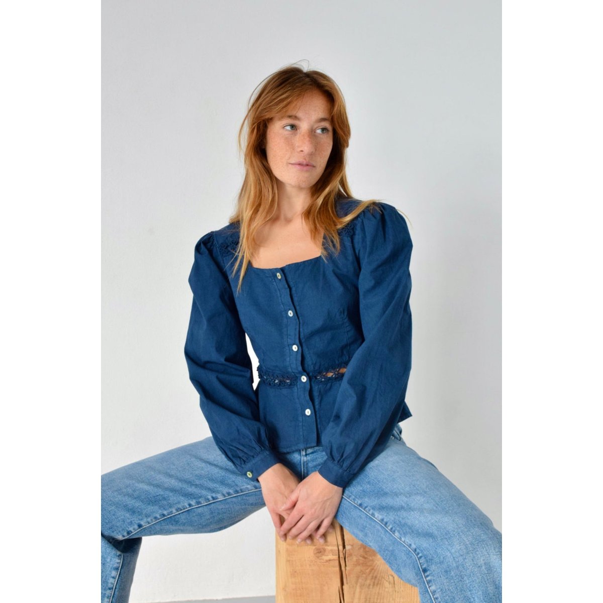 Blouse popeline dentelle ROMA bleu marine, MINDTRAVELER