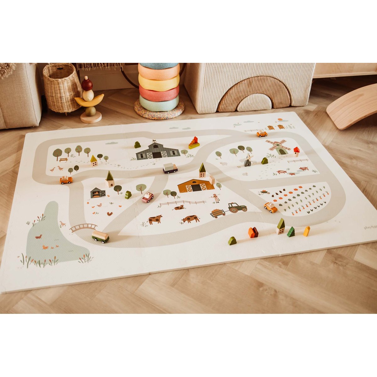 play&go - tapis puzzel, boîte de rangement & mini maison - farm multicolor, PLAY ET GO