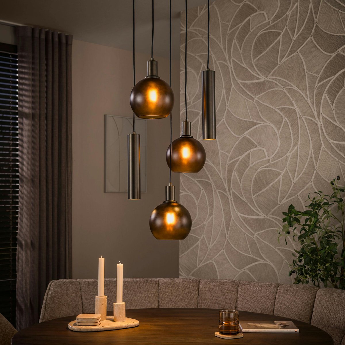Suspension verticale 5 lampes verre dépoli brun et métal bronze NIAGARA marron, PIER IMPORT