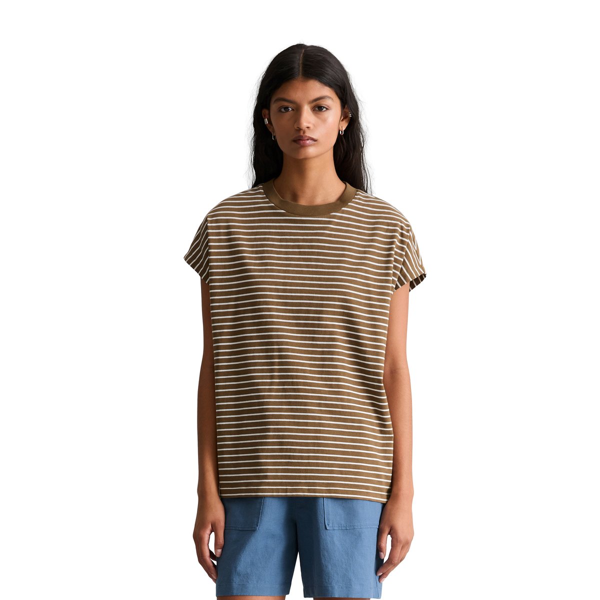 T-shirt à rayures relaxed en jersey simple de coton marron, MARC O’POLO DENIM
