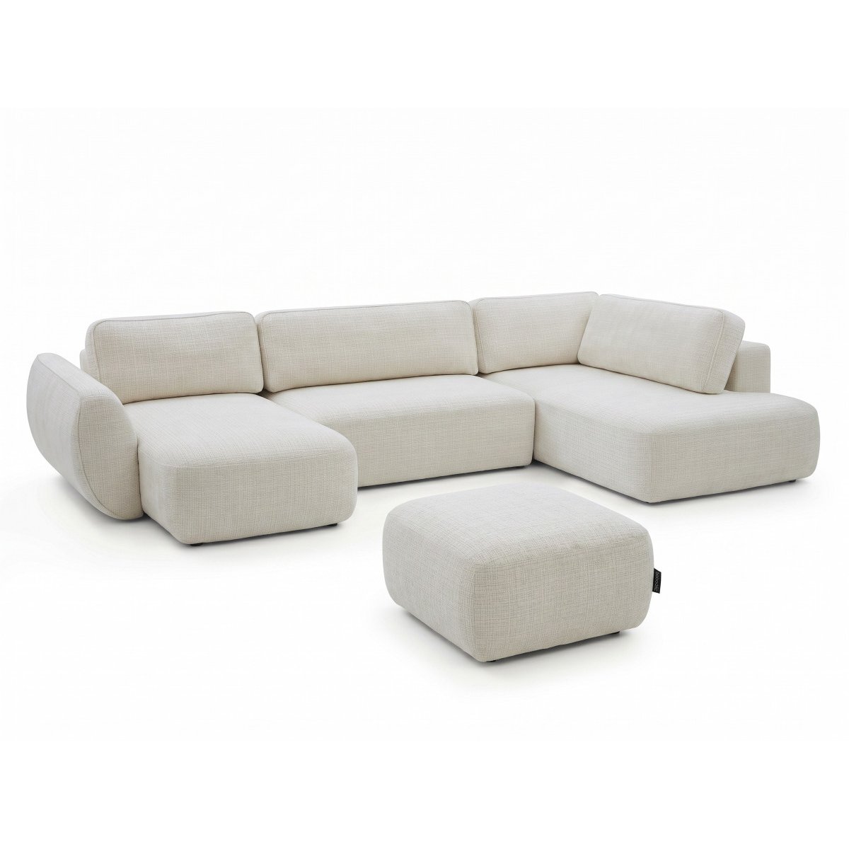 Canapé panoramique convertible 6 places en tissu texturé avec pouf, DENISE blanc, BOBOCHIC