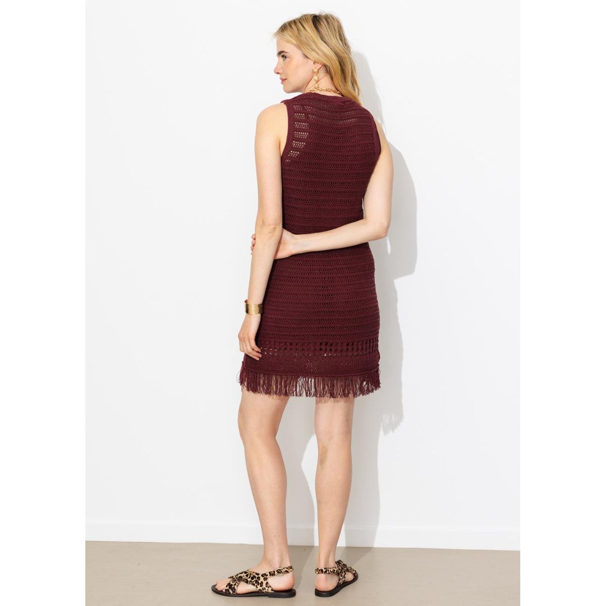 Robe rayée en crochet frangé bordeaux, PROMOD
