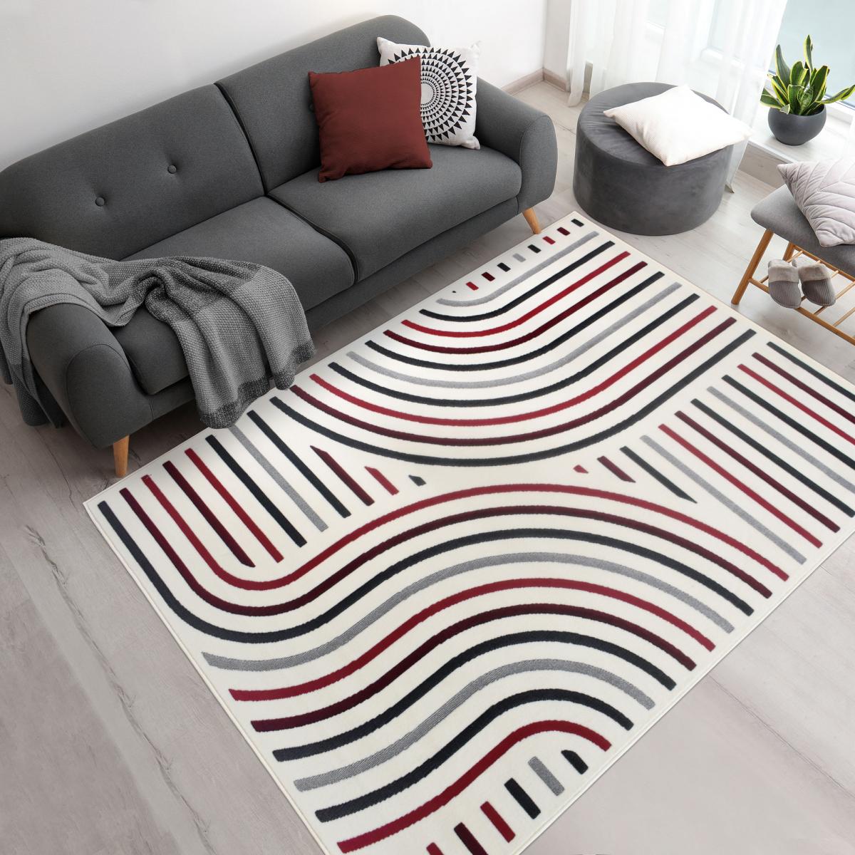 Tapis salon et chambre tissé motif géométrique LYN49 MUCOUR rouge, crème, gris, UN AMOUR DE TAPIS