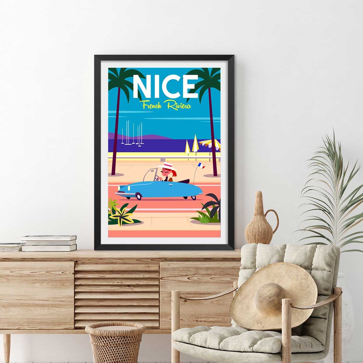 Poster nice promenade des anglais affiche + cadre en bois - noir, HEXOA