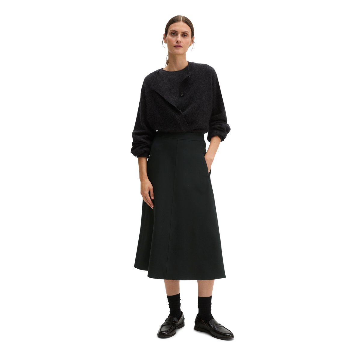 Jupe en flanelle évasée en mélange de polyester et de viscose recyclés noir, MARC O'POLO