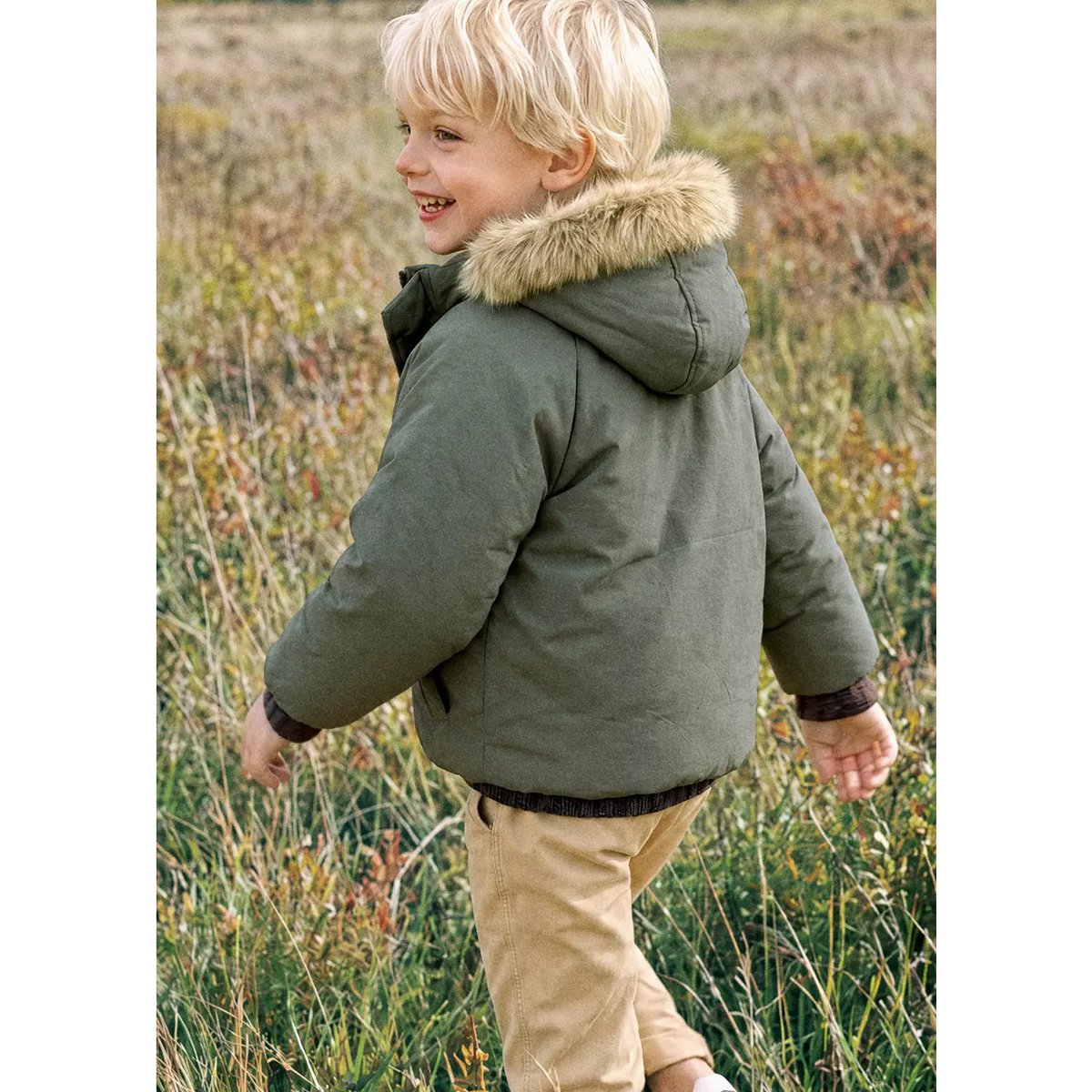 Anorak matelassé capuche imitation fourrure vert, MANGO BABY