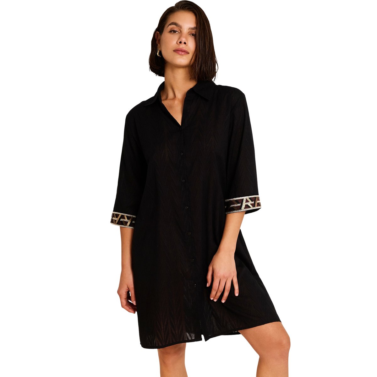 Robe chemise de plage manches mi-longues DUNA noir, SELMARK MARE