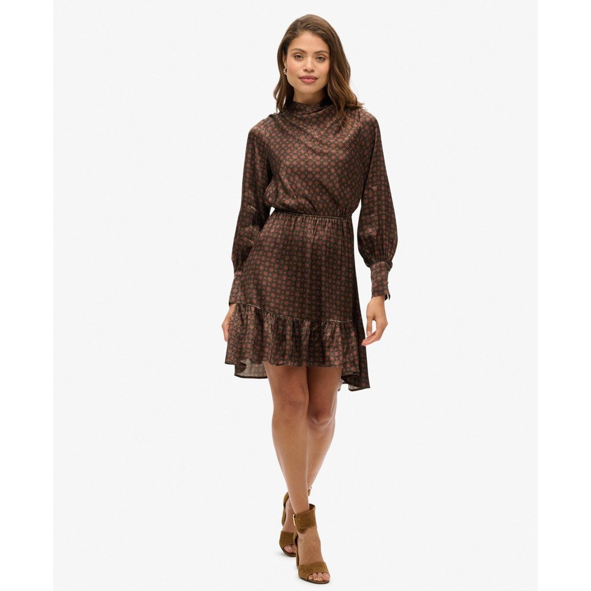 Robe courte en jacquard à col bénitier orange tuile géométrique, SUPERDRY