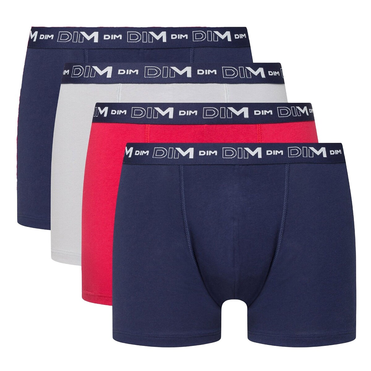 Lot de 4 boxers coton stretch bleu + bleu + rouge + gris, DIM