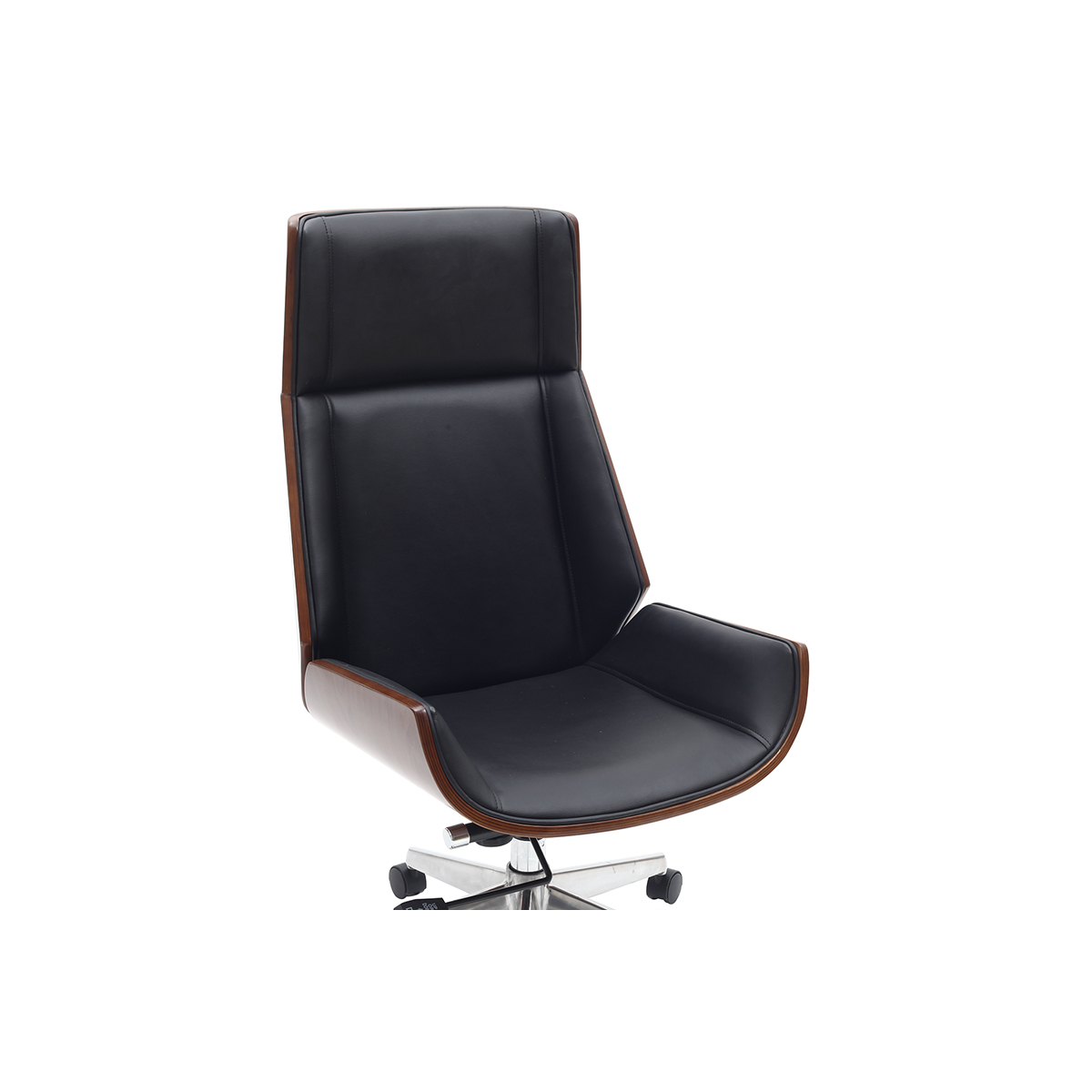 Fauteuil de bureau de direction design en tissu effet velours texturé beige, bois foncé et acier chromé CURVED noyer / noir, MILIBOO