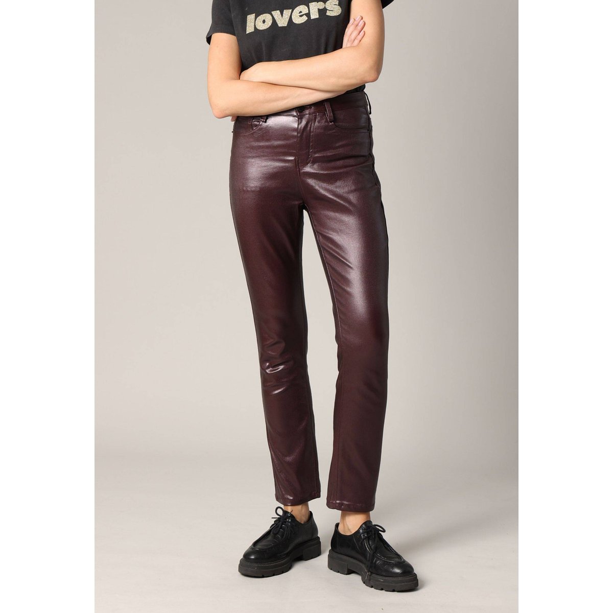 Pantalon slim taille haute, effet métallisé LYSIE plum, DEELUXE