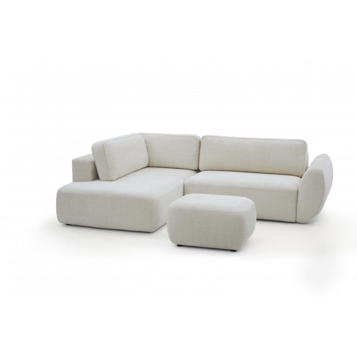 Canapé d'angle convertible 4 places en tissu texturé avec pouf, DENISE blanc, BOBOCHIC