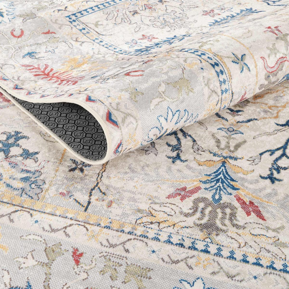 Tapis d'orient au motif oriental, style kilim, LYN11 PERLE beige, bleu, multicolore, UN AMOUR DE TAPIS