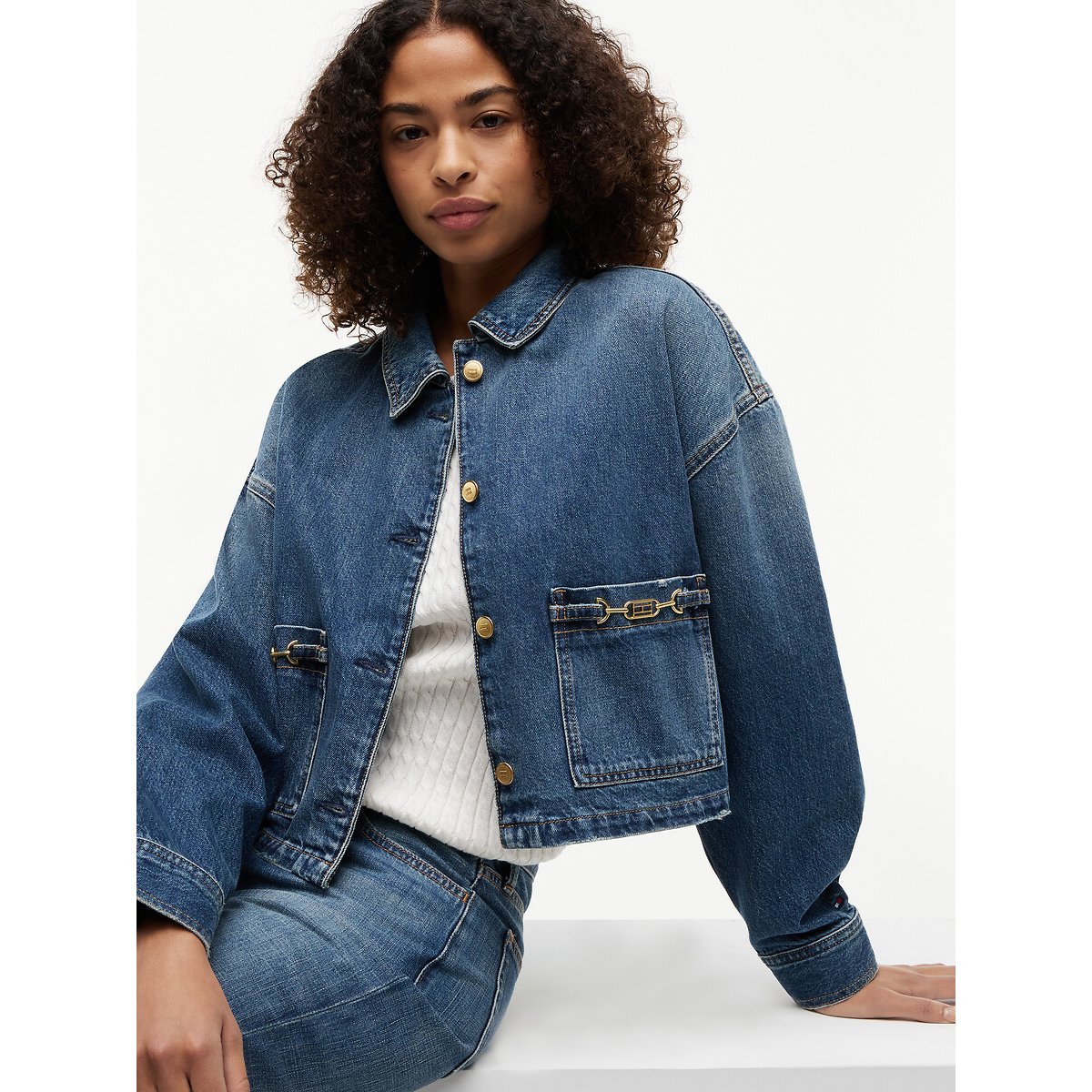 Veste courte en jean à mors et drapeau denim, TOMMY HILFIGER