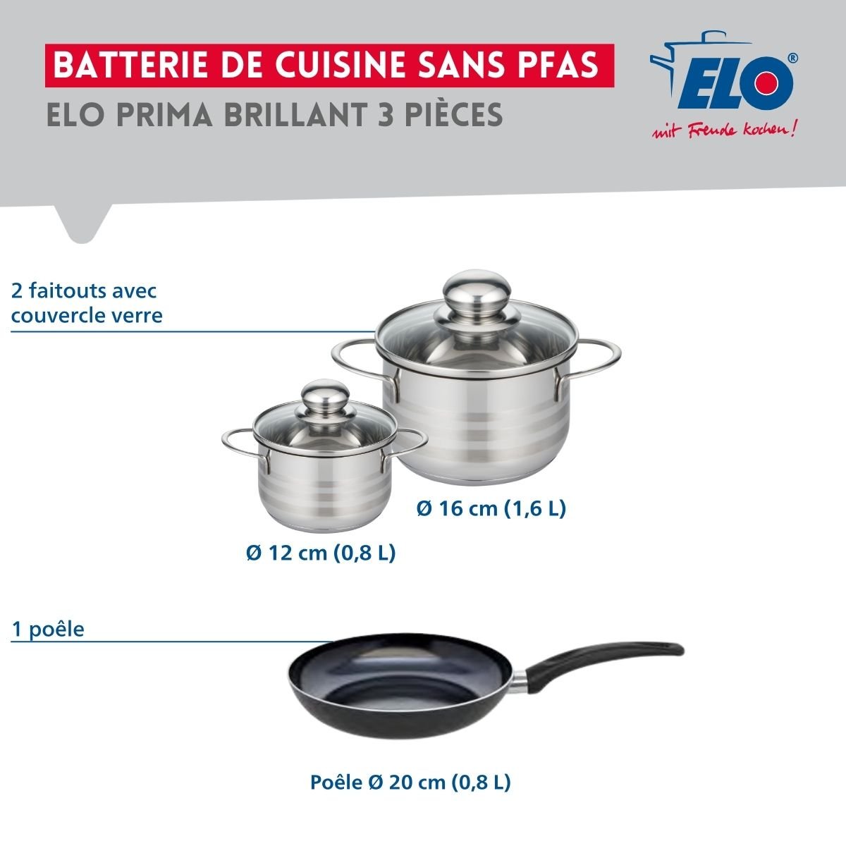 Batterie 1 poêle 20cm + 2 faitouts 12/16cm PRIMA BRILLANT noir, ELO