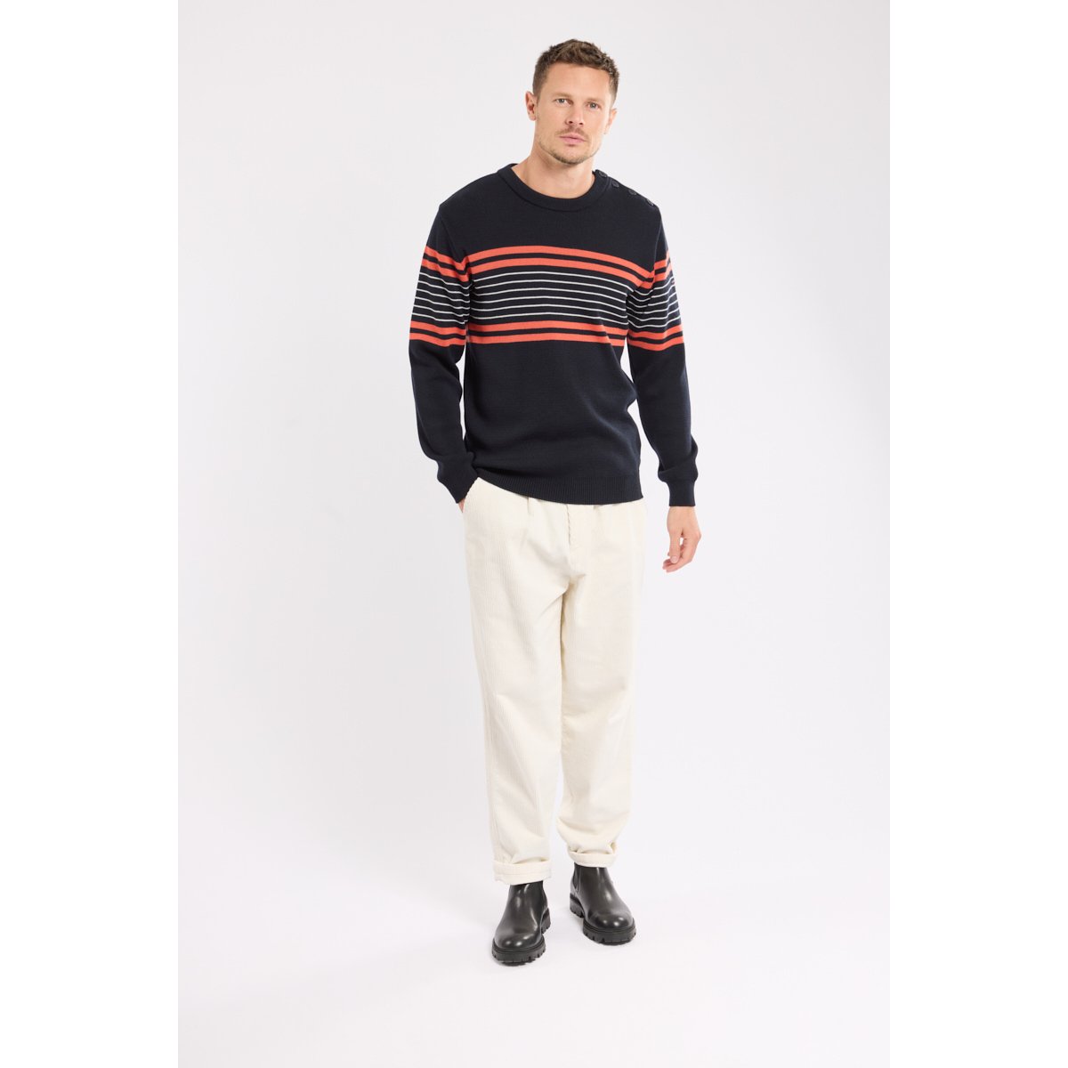 Pull marin rayé en laine pour homme navire/paprika h25/milk, ARMOR-LUX