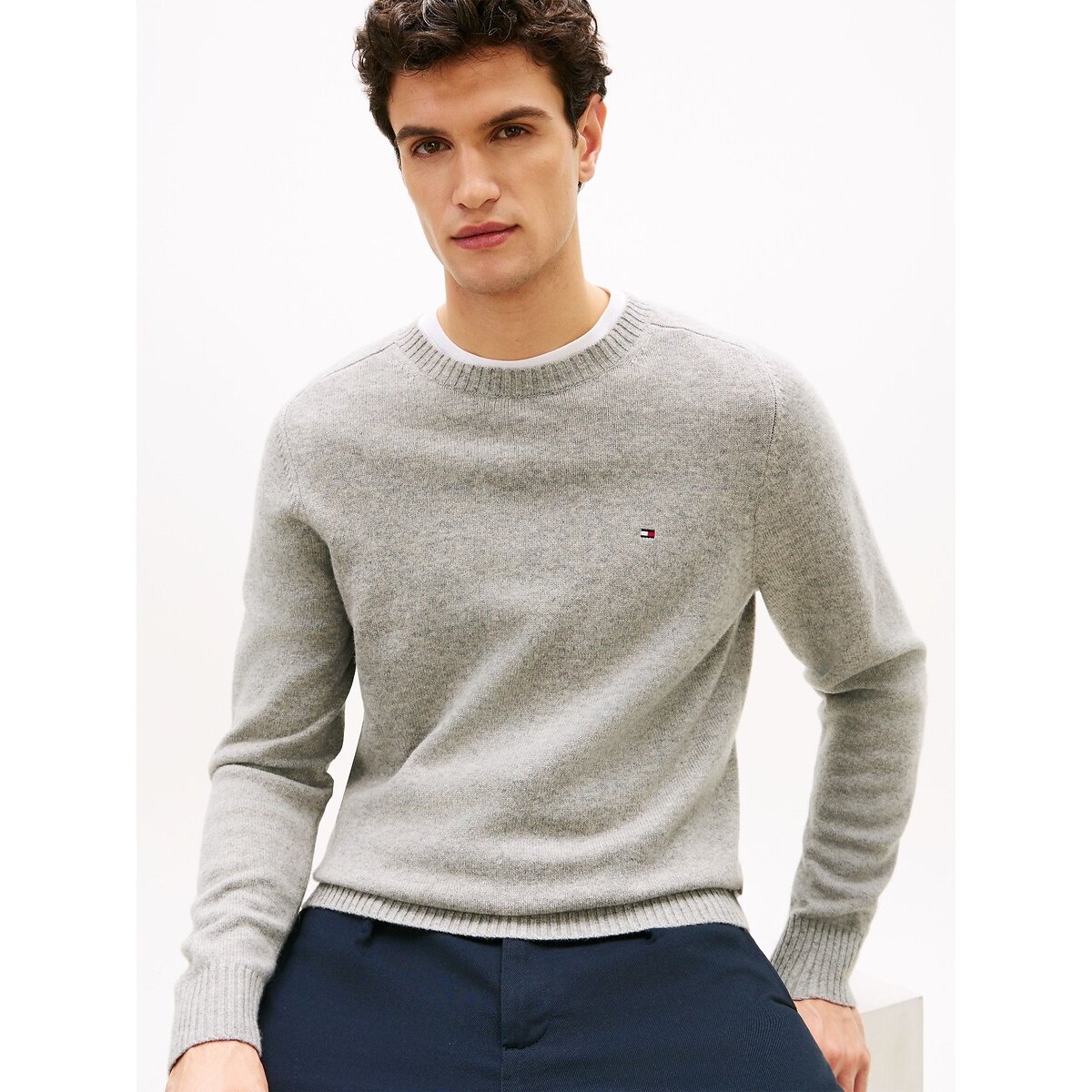 Pull col rond en laine gris, TOMMY HILFIGER