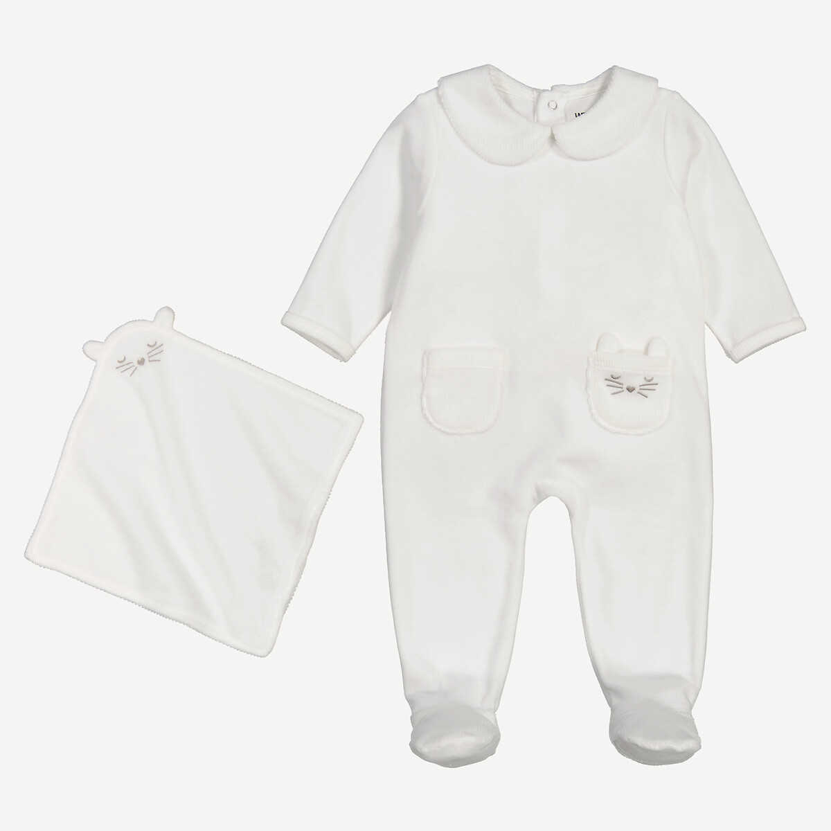 Set van 2 pyjama's en knuffeldoekje van fluweel ecru, LA REDOUTE COLLECTIONS