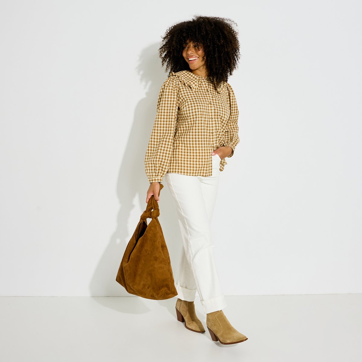 Chemisier col claudine vichy marron, GRAIN DE MALICE