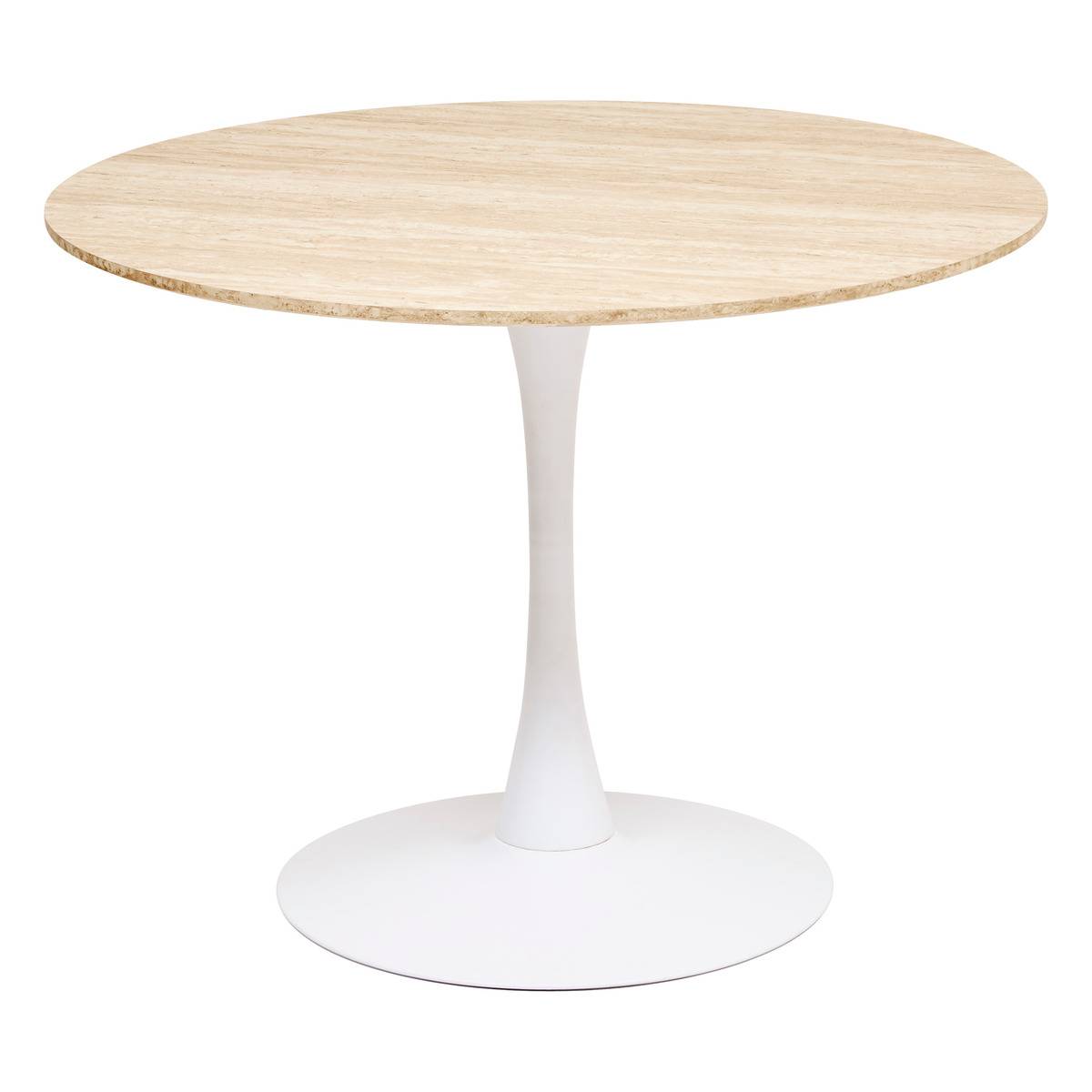 Table à manger ronde 4 places effet travertin ELIAS blanc, ATMOSPHERA