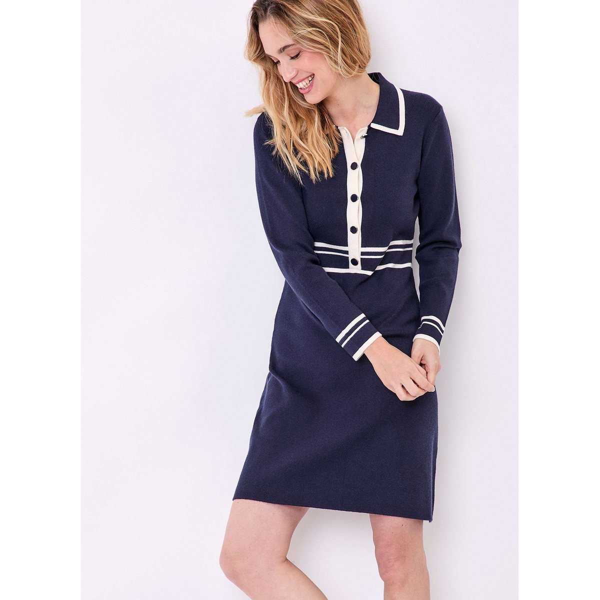 Robe maille compacte col chemisier MARGAUX bleu marine blanc, PRINCESSE NOMADE