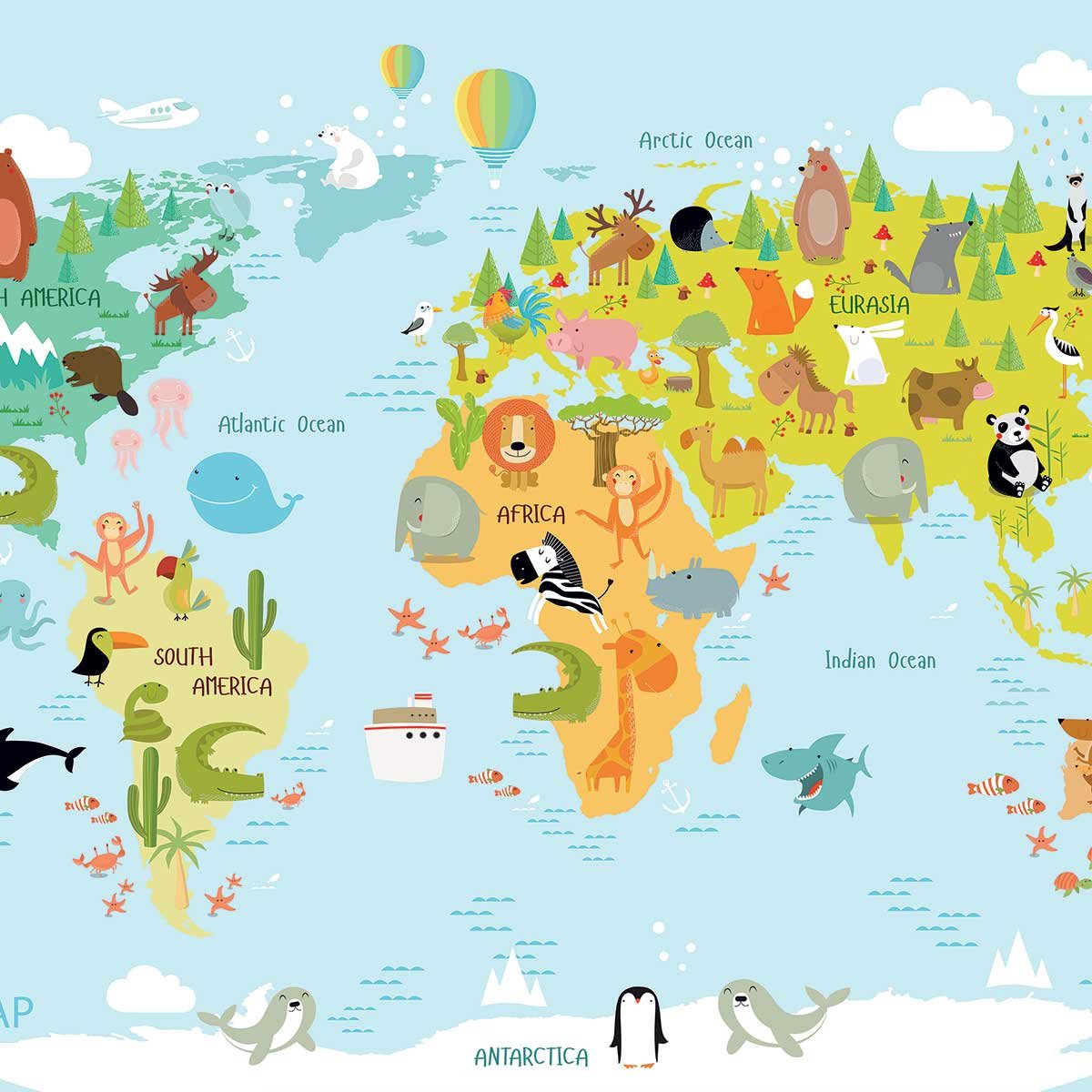 Affiche world map animals affiche + cadre en bois - noir, HEXOA