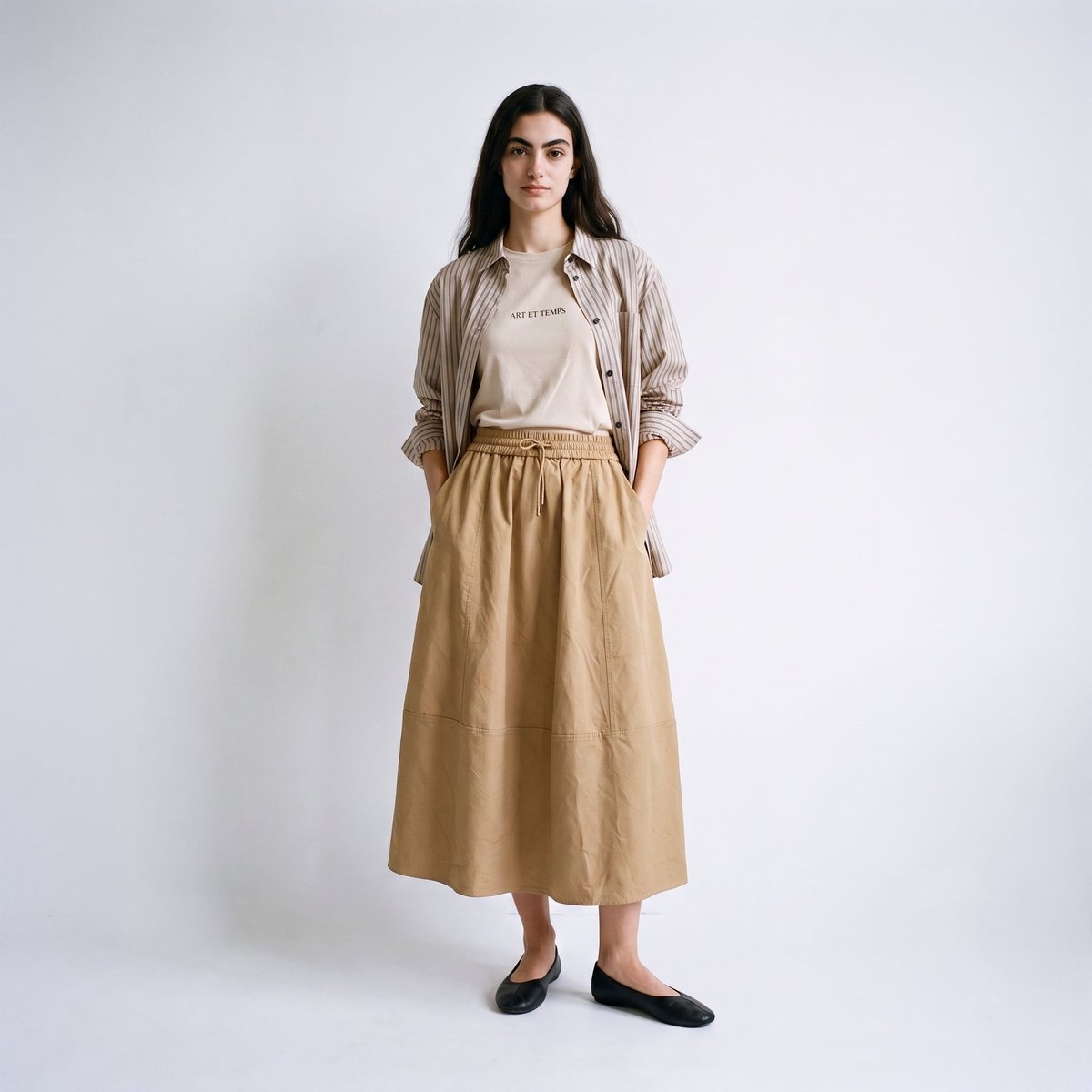 Jupe midi évasée, taille haute élastique CLONA beige, ARTLOVE