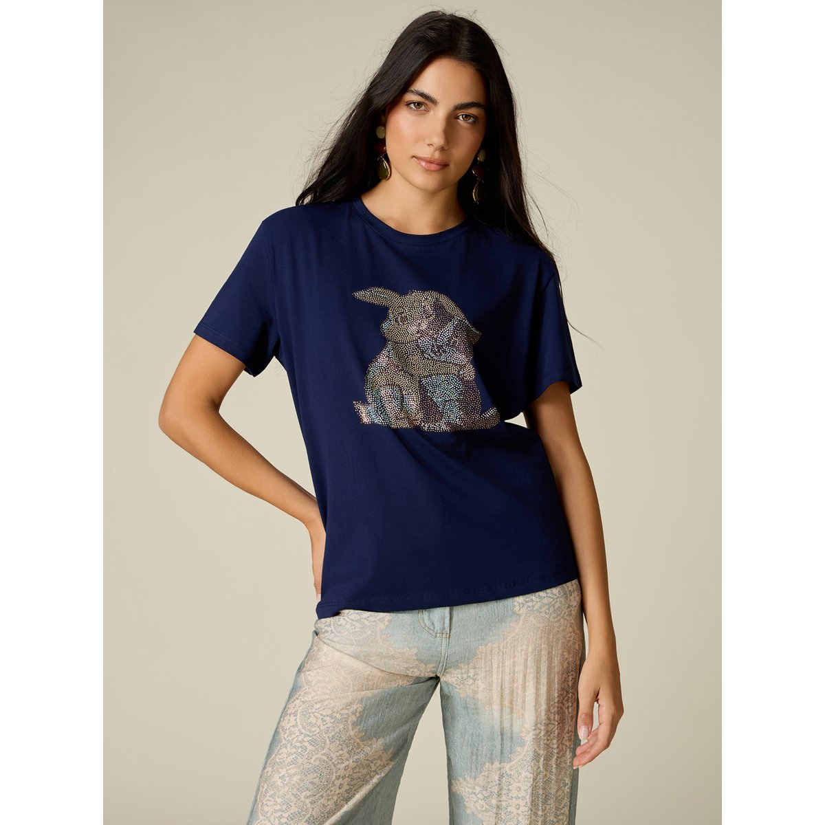 T-shirt avec applications bleu, OLTRE