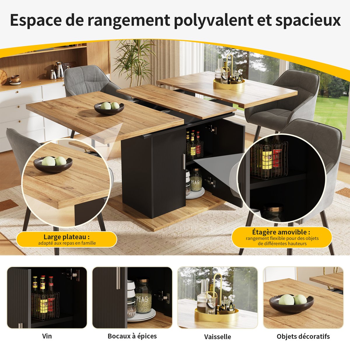 Table à manger extensible à allonge papillon intégrée, ZARAE chêne, MEUBLES COSY