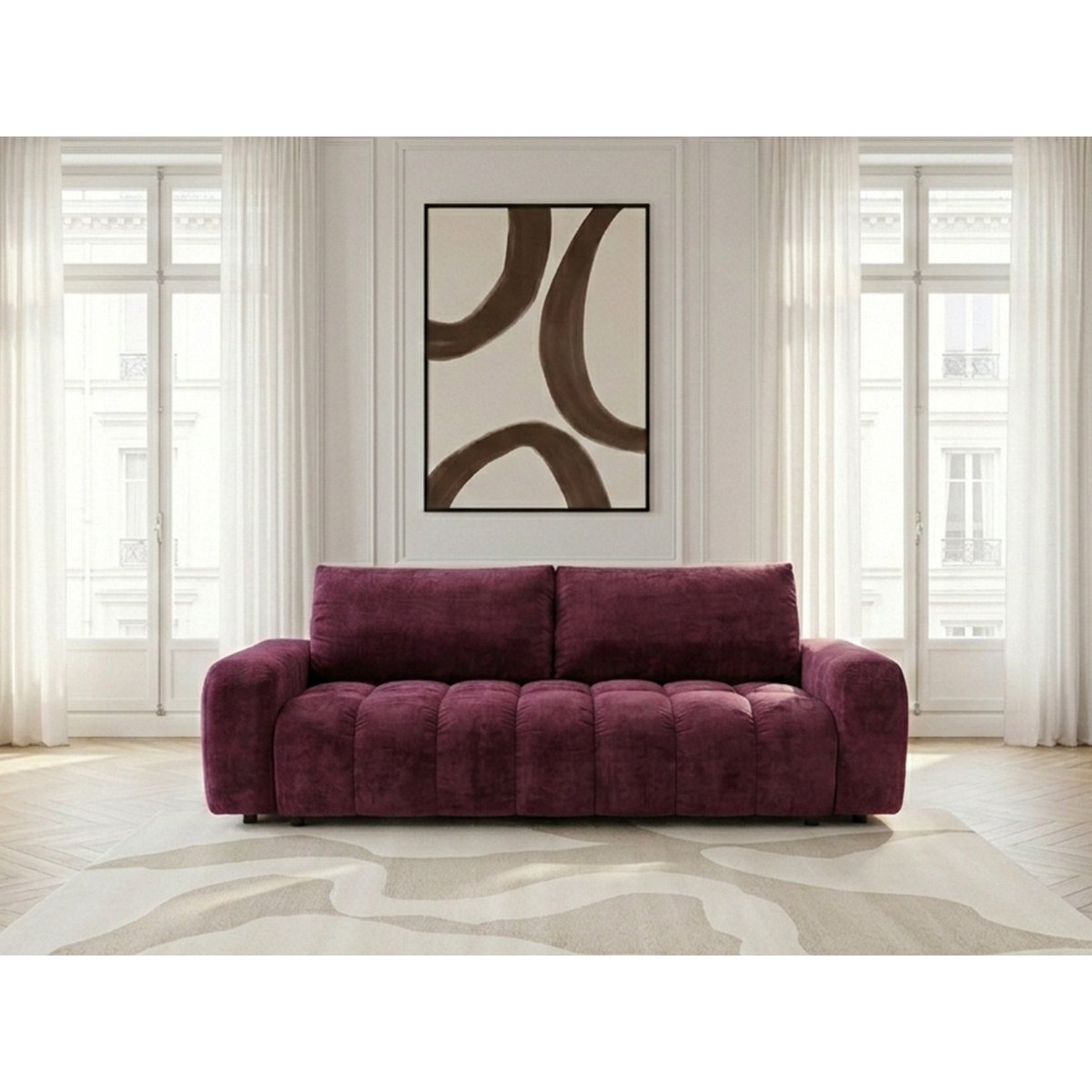 Canapé droit convertible 3 places en tissu lisse, JULES rouge, BOBOCHIC