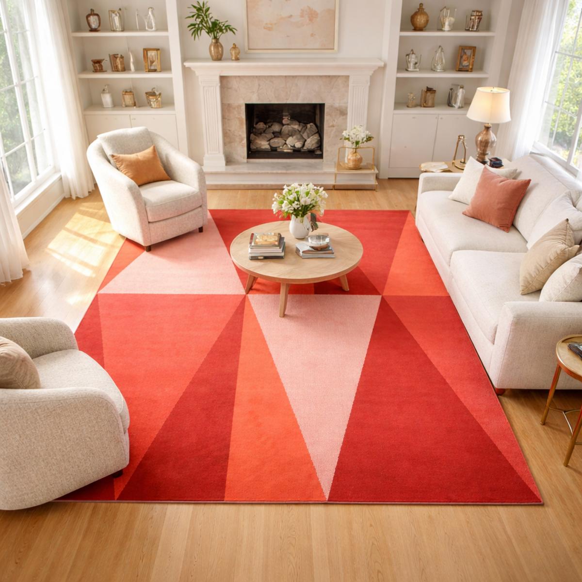 Tapis salon et chambre tissé motif géométrique LYN49 BIGTRI rouge, UN AMOUR DE TAPIS