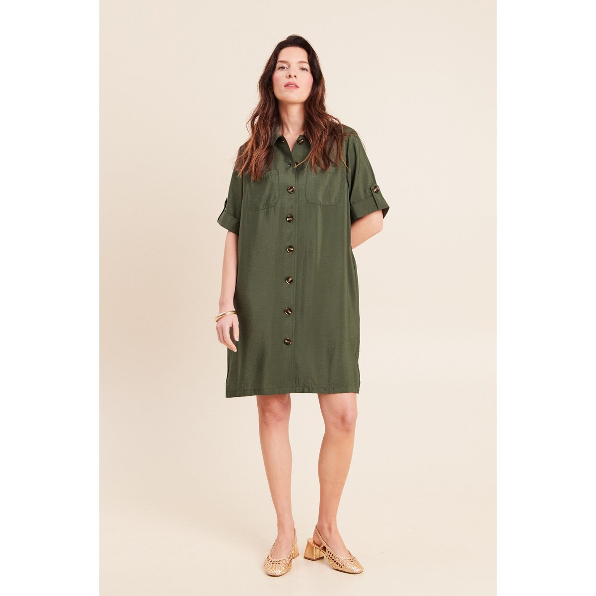 Robe droite courte col chemise vert kaki, BREAL