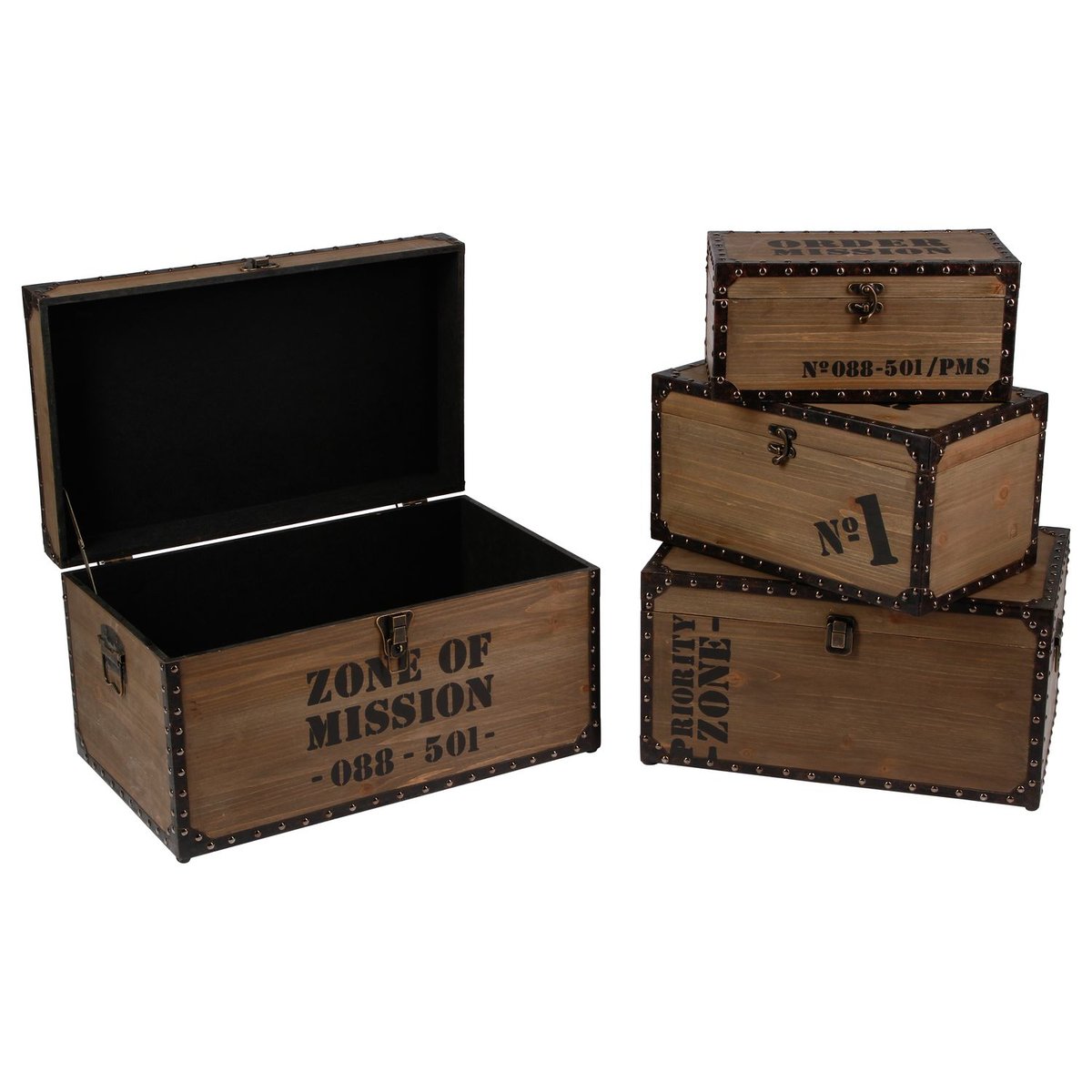Ensemble de 4 malles de rangement gigognes effet bois vintage marron, ATMOSPHERA