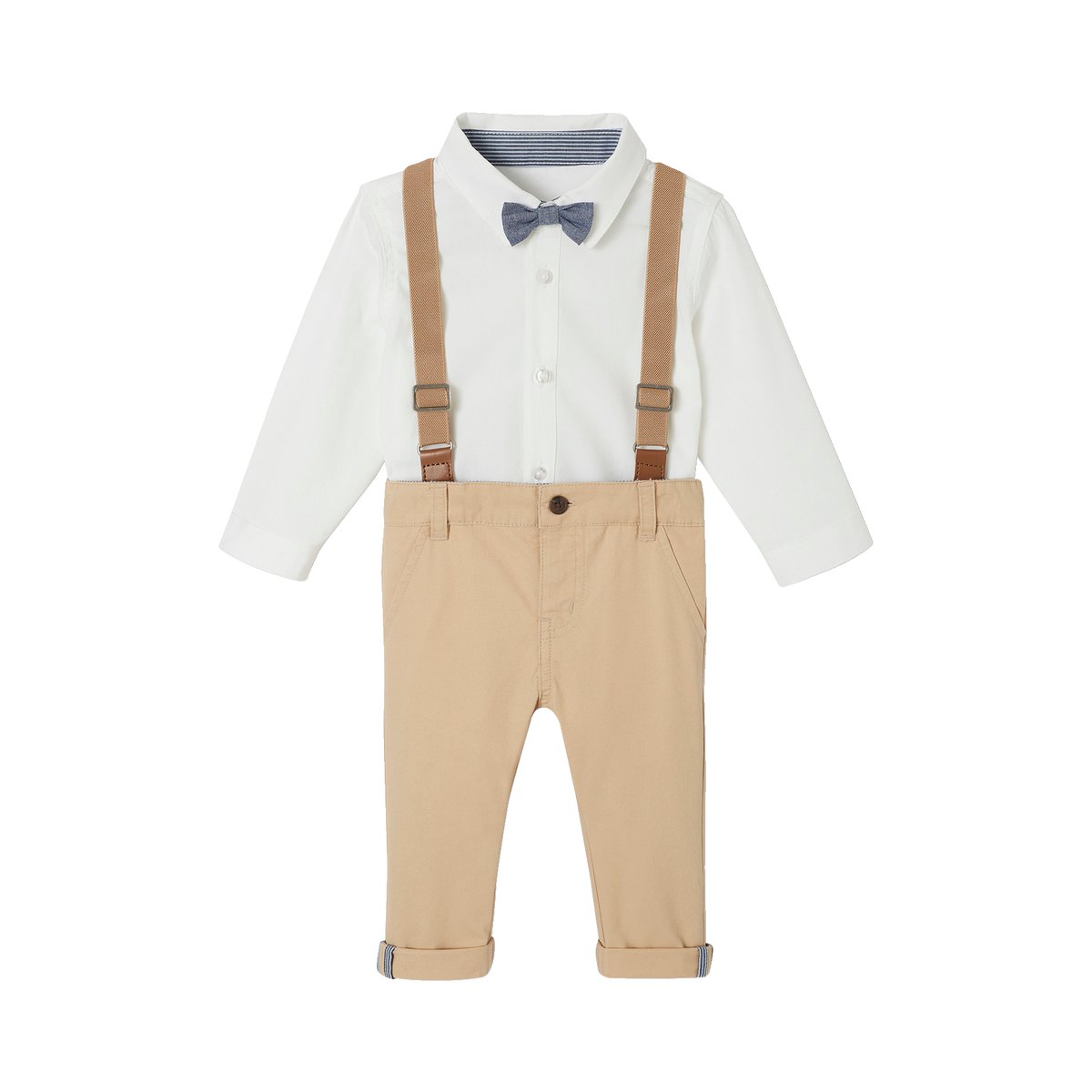 Ensemble 4 pièces bébé chemise + noeud papillon + pantalon + bretelles beige, VERTBAUDET